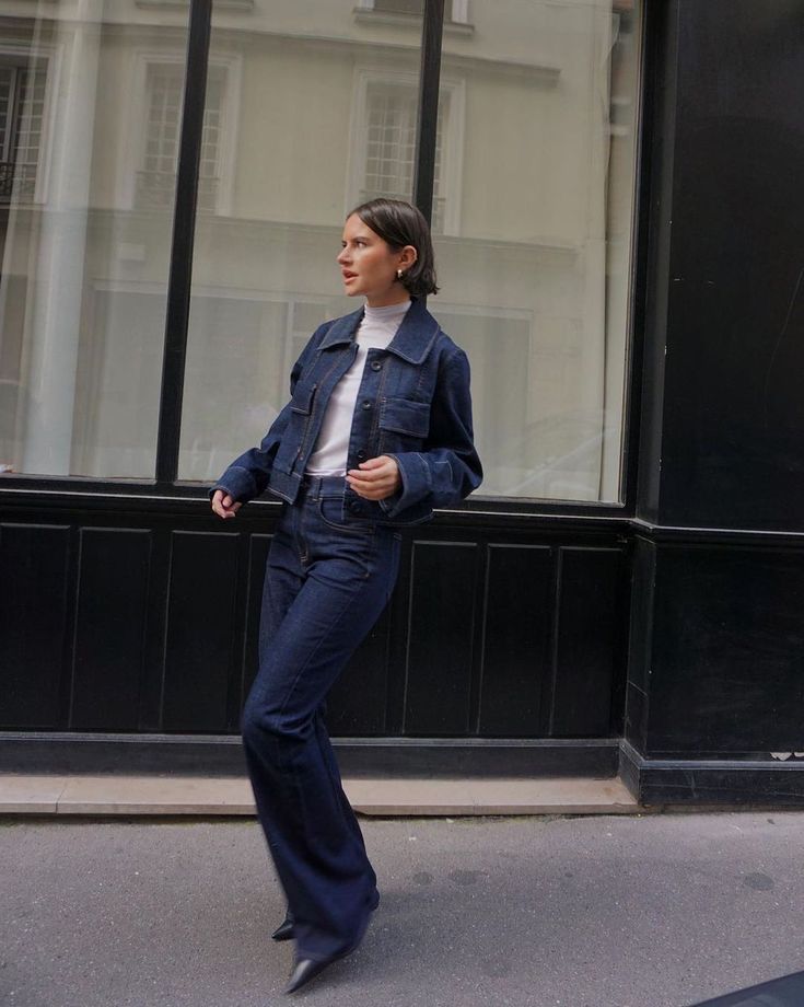 COS on Instagram: “Denim on denim, the COS way. Crafted from organic cotton, style our cropped utility-inspired denim jacket and flared jeans together for a…” Fitted Denim Jacket Outfit, Double Denim Outfit Women, Full Denim Outfit Women, Cos Aesthetic, Women Denim Outfits, Cos Outfits Women, Full Jeans Outfit, Dark Denim Jacket Outfit, Dark Denim Outfit