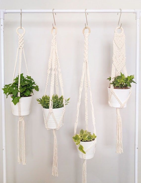 three macrame plant hangers with plants in them on a white wall next to a potted plant