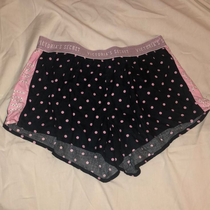 Shimmery Pink Waist Band Side Of The Shorts Says “Love” As Pictured Black With Pink Polka Dots *Items Will Be Shipped Within 48 Hours Of Your Purchase. *If You Would Like Any Additional Photos Or Have Any Questions Please Let Me Know. *Sorry, No Trades And No Returns, But Willing To Listen To Any Fair Offers. *Will Not Sell Anything Below $6. Thank You! Cute Black Loungewear Bottoms, Pink Short Bottoms For Lounging, Pink Elastic Waistband Shorts For Pajama Party, Pink Short Bottoms For Sleep, Black Bottoms For Pajama Party In Spring, Pink Stretch Shorts For Sleepover, Pink Stretch Shorts For Lounging, Pink Short Bottoms For Sleepover, Casual Black Victoria's Secret Sleepwear