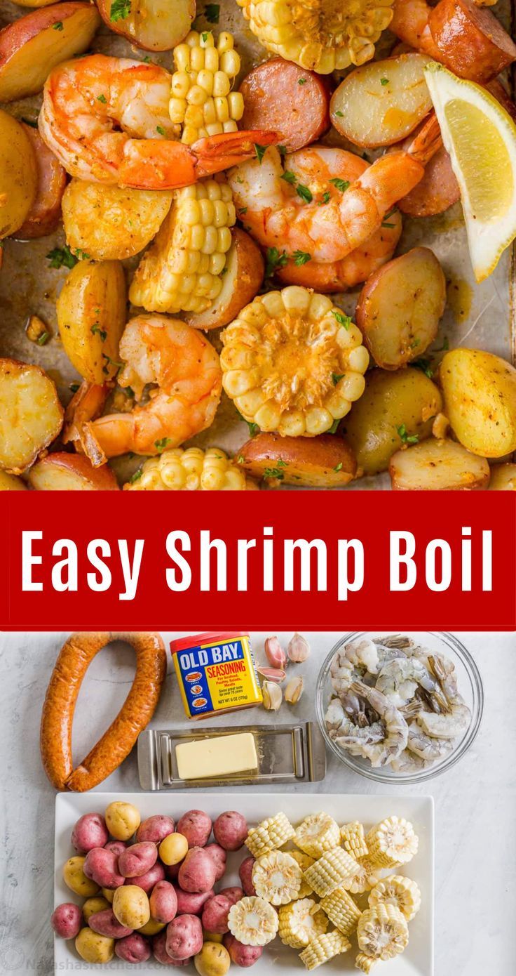 easy shrimp boil with corn and potatoes on the side