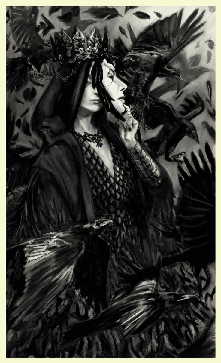 a black and white drawing of a woman with birds on her head, surrounded by leaves