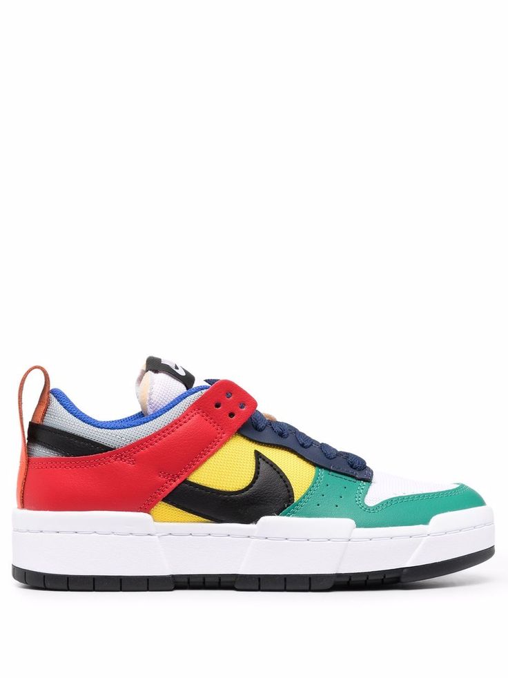 Multicolour Dunk Low Disrupt sneakers from NIKE featuring colour-block panelled design, round toe, front lace-up fastening, perforated detailing, mesh panelling, logo patch at the tongue, signature Swoosh logo detail, pull-tab at the heel, flat sole and platform midsole. Multicolor Sneakers With Contrast Sole For Streetwear, Nike Multicolor Skate Shoes For Streetwear, Multicolor Skate Shoes With Rubber Waffle Outsoles For Streetwear, Multicolor Custom Sneakers With Contrast Sole For Streetwear, Nike Low-top Sneakers With Contrast Sole, Multicolor Sneakers For Streetwear With Rubber Sole, Multicolor Sneakers With Rubber Sole For Streetwear, Multicolor Rubber Sole Sneakers For Streetwear, Multicolor Low-top Sneakers With Boost Midsole