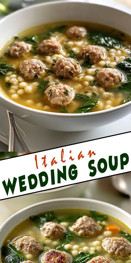 two bowls of italian wedding soup with meatballs and spinach