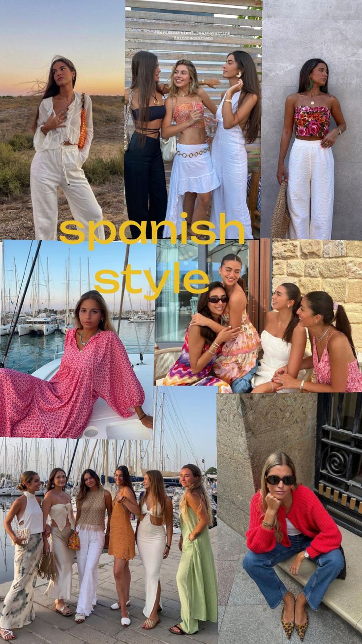 the collage shows many different women in white outfits and one is posing for a photo