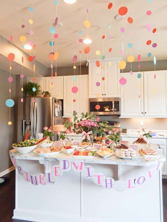 the kitchen is decorated with balloons and confetti