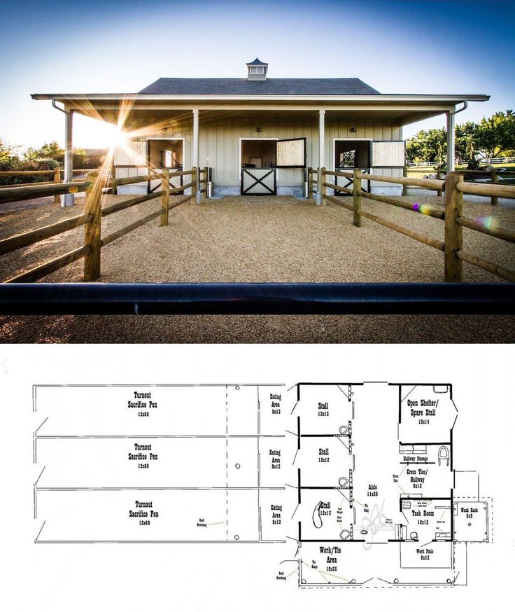 an open floor plan for a horse barn with two stalls and a covered in porch