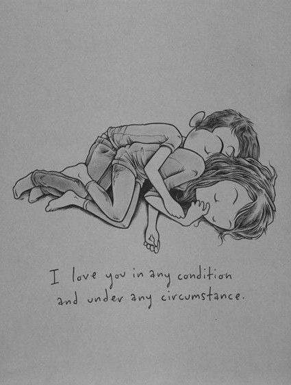 two people laying on top of each other with the words i love you in any condition and under any circustance