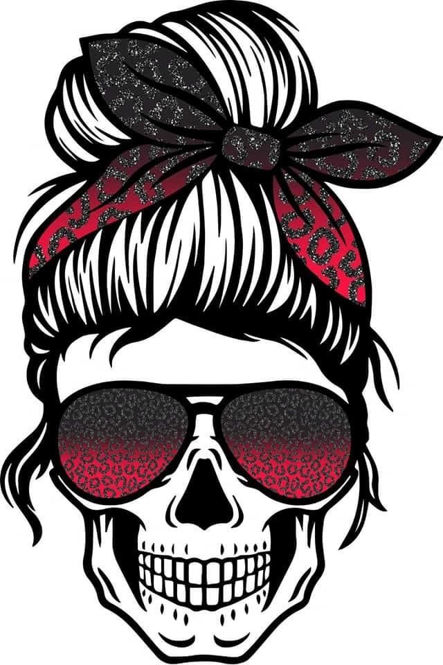 a skull wearing sunglasses and a bandana