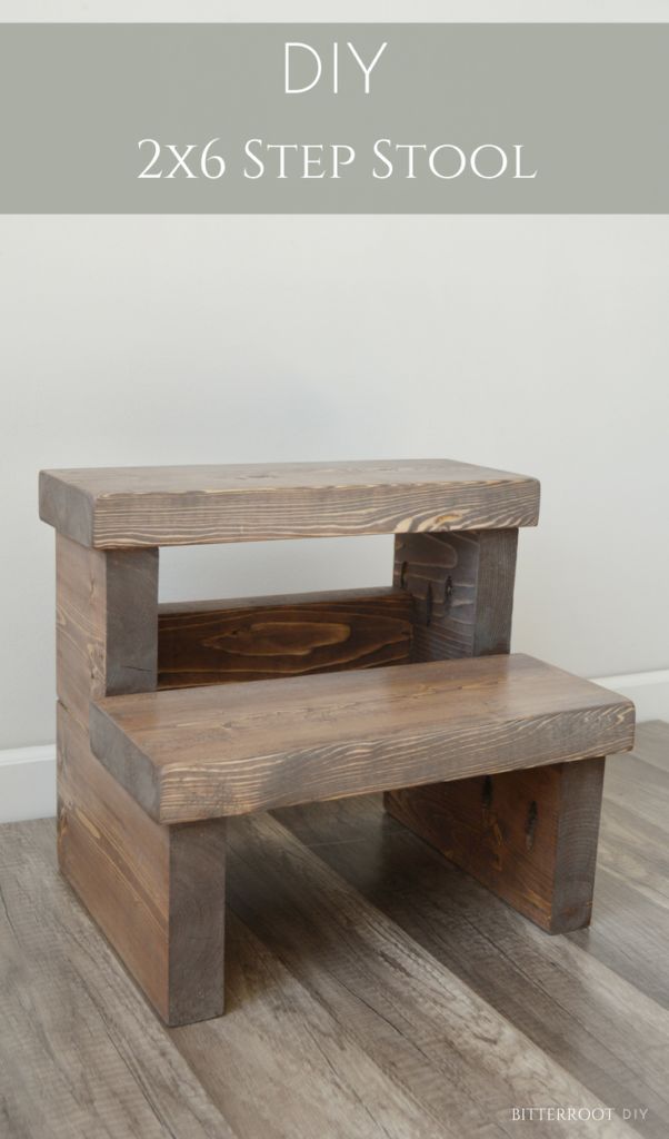 a wooden step stool with the words diy wood step stool on top and bottom