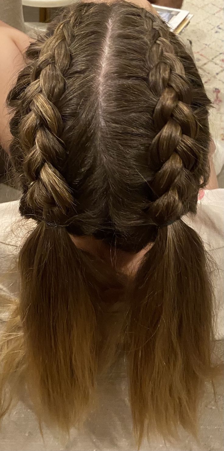 French Braid Into Two Ponytails, Braid For Softball, 2 French Braids Into Ponytail Hairstyles, Teo Braids Into Low Ponytail, Netball Hairstyles Braids, 2 Braids To Ponytail, 2 Braids Into A Ponytail, Braids Into 2 Ponytails, 2 Braids Into High Ponytail