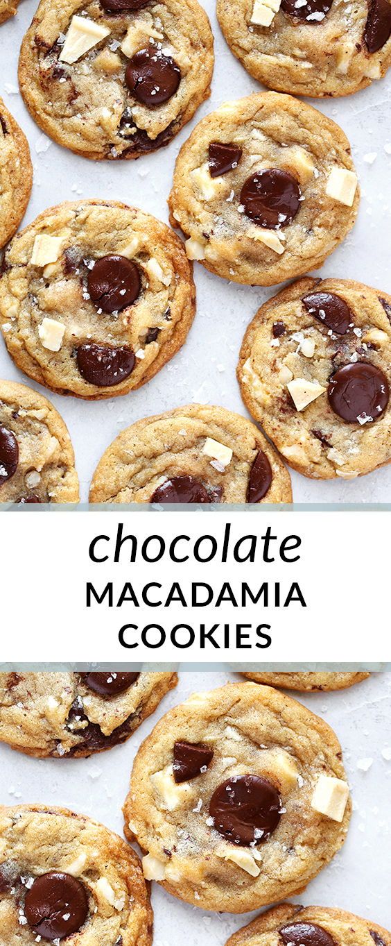 chocolate macadamia cookies on a baking sheet with text overlay that reads, chocolate macadamia cookies