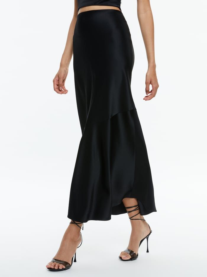 Bias Cut Midi Skirt For Party, Flowy Silk Maxi Skirt, Midi Length, Flowy Silk Midi Maxi Skirt, Silk Midi Length Maxi Skirt, Chic Party Maxi Skirt With Side Slits, Chic Long Skirt For Evening, Sleek Midi Skirt Bottoms For Evening, Elegant Silk Bottoms For Date Night, Chic Flowy Maxi Skirt For Date Night