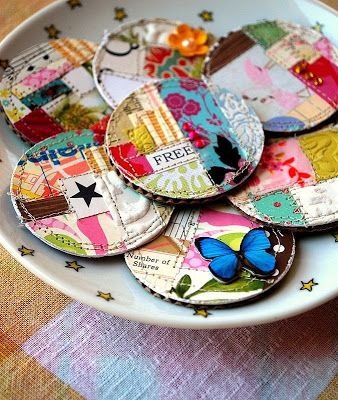 a white plate topped with lots of colorful buttons