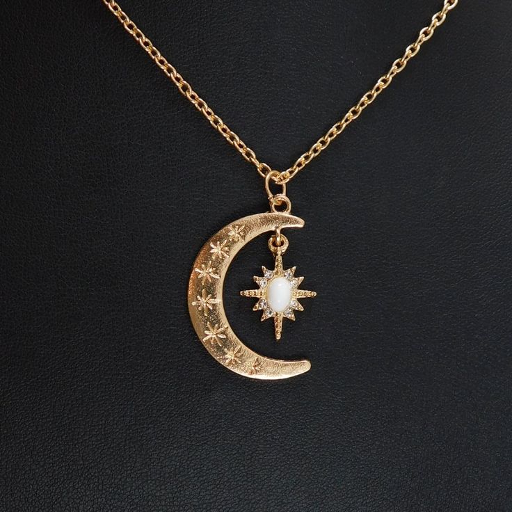 Crescent Moon & Star Necklace Size 18,20 Or 24 Inch Chain Available 18k Gold Ep Created Moonstone New & Nicely Boxed Diamond Crescent Moon Necklace, Crescent Moon Necklace Aesthetic, Sun Moon Necklace, Diamond Moon Necklace, Moon Necklace Gold, Moon Star Pendant, Moon Star Necklace, Moon And Star Necklace, Real Diamond Necklace