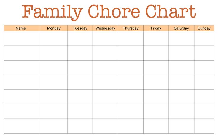 a printable family chore chart is shown in orange and white with an orange border