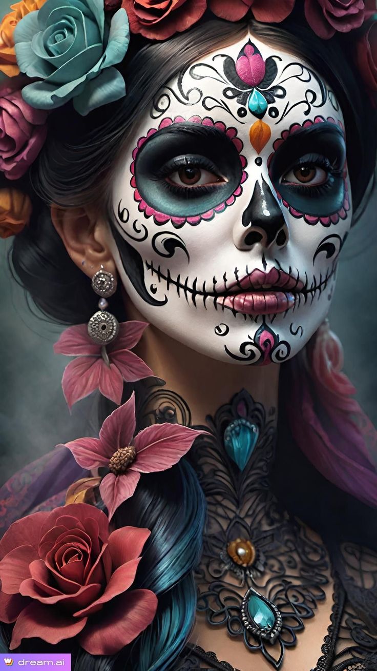 Makijaż Sugar Skull, Candy Skull Makeup, Catrina Costume, Sugar Skull Face Paint, Halloween Makeup Witch, Halloween Makeup Sugar Skull, Mexican Halloween, Skull Face Paint, Sugar Skull Costume