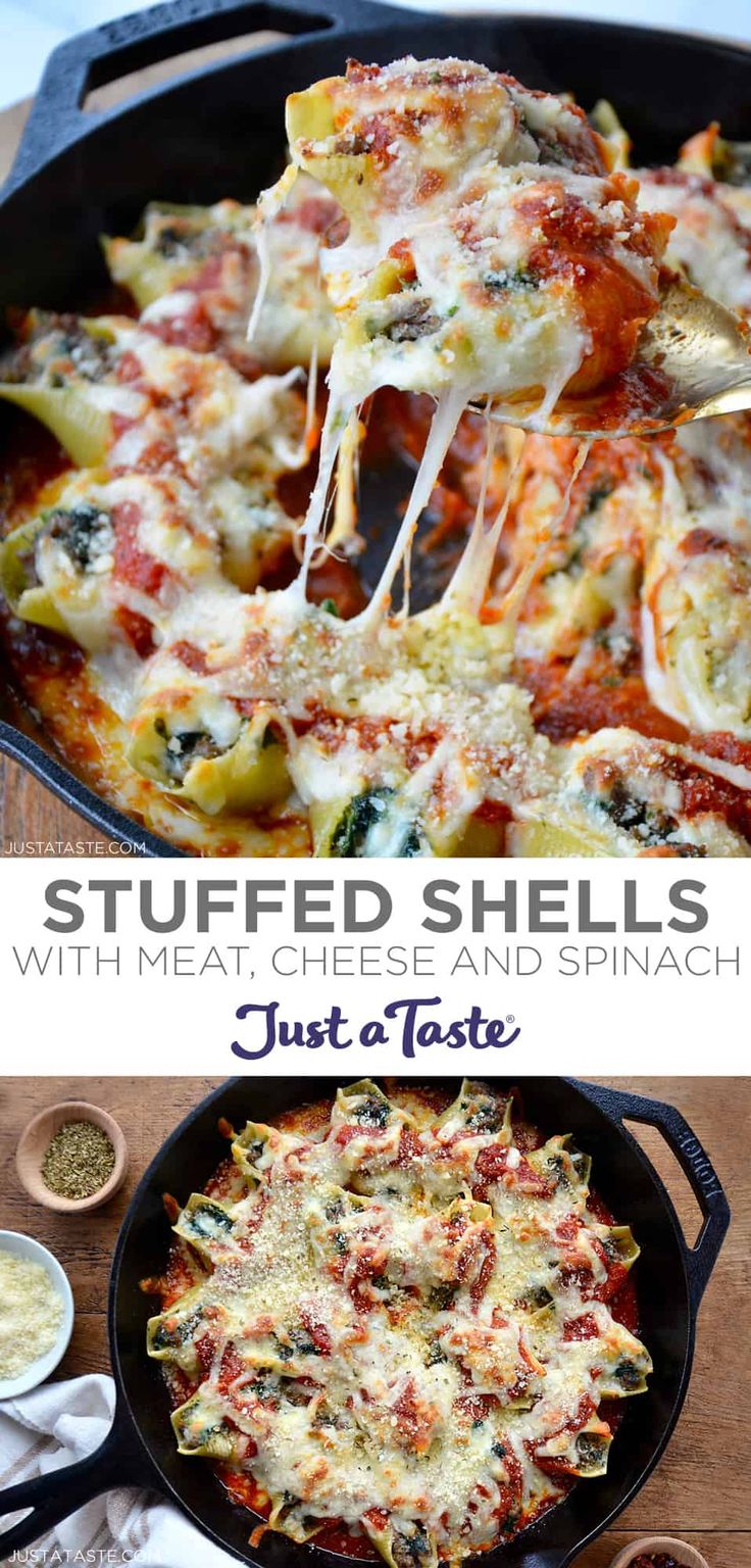 stuffed shells with meat, cheese and spinach in a cast iron skillet on a wooden table