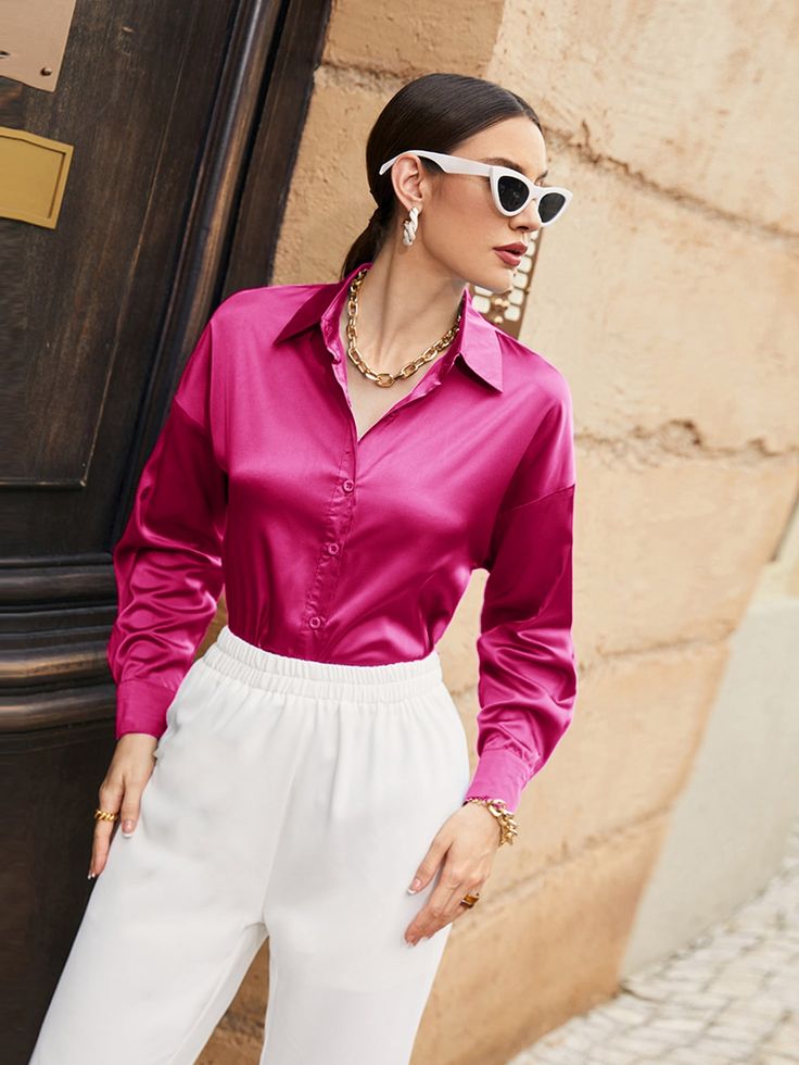 Satin Shirt Outfit, Silk Blouse Outfit, Silk Shirt Outfit, Drop Shoulder Shirt, Solid Color Shirt, Satin Shirt, Style Noir, Simple Shirts, Women Blouses