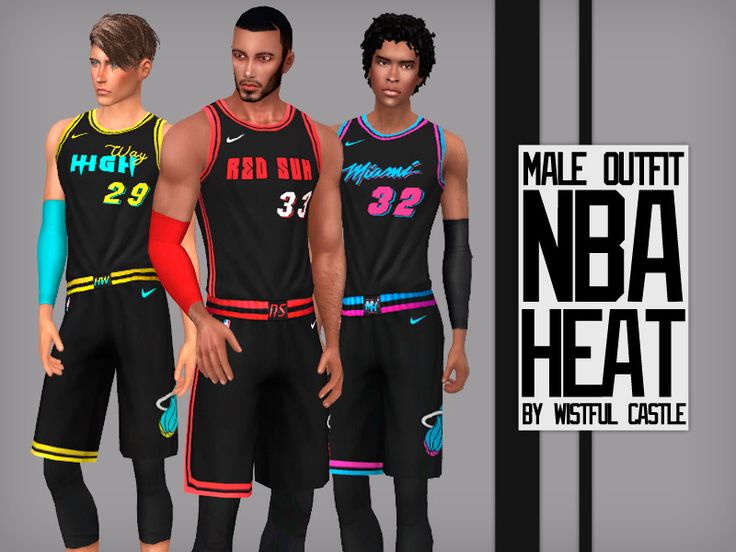 three male basketball players in black and red uniforms with the name made out of nba heat