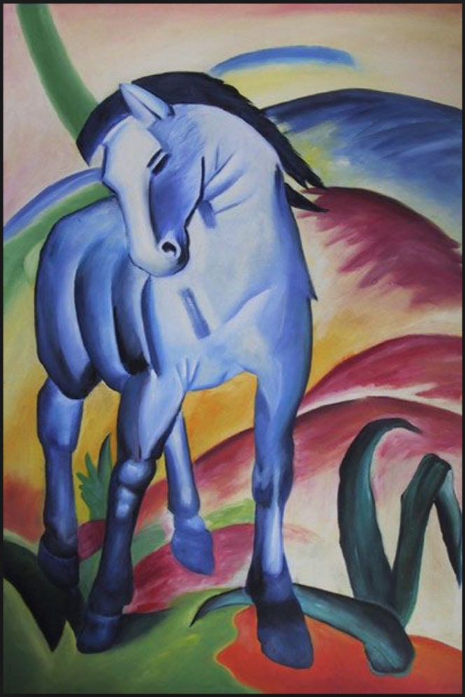 a painting of a blue horse standing in the grass