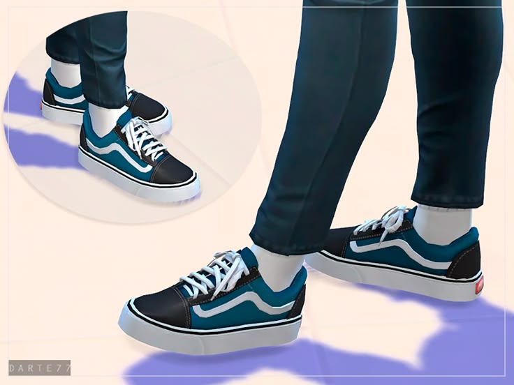 a pair of blue and black shoes with white laces on the bottom, standing next to each other