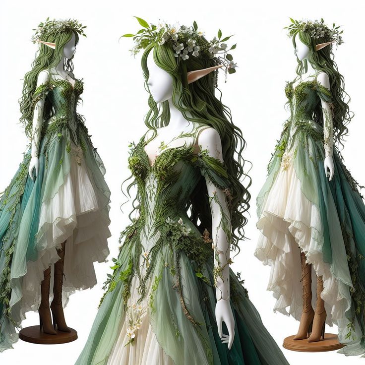 Royal Fairy Dress, Mythical Dresses Fantasy Fairytale, Forest Dress Drawing, Elves Halloween Costume, Fairy Queen Cosplay, Fairytale Green Wedding Dress, Fantasy Dress Ideas, High Fae Costume, Fae Ballgown