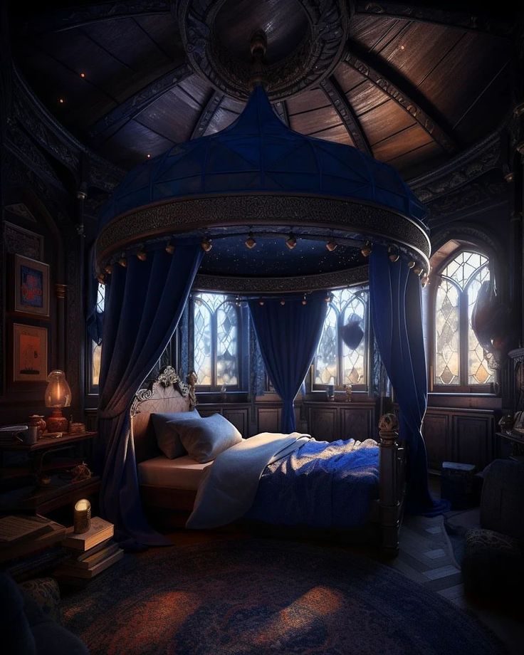 a bedroom with a canopy bed and blue drapes on the ceiling, windows in the background