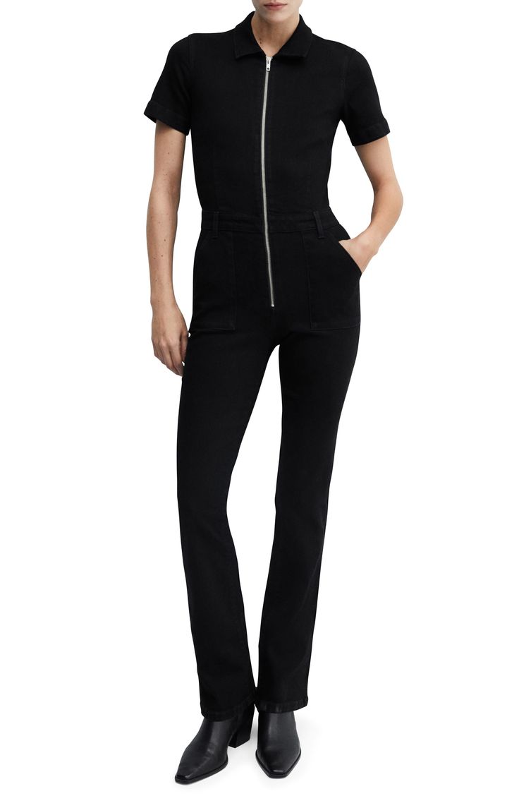 Effect a modern casual-cool vibe in this stretchy denim jumpsuit designed with a front zip and body-hugging fit. Exposed front-zip closure Spread collar Short sleeves Front slant pockets; back patch pockets 98% cotton, 2% spandex Machine wash, line dry Imported Designer Jumpsuits, Back Patch, Denim Jumpsuit, Zip Up, Black Denim, Zip Ups, Straight Leg, Mango, Jumpsuit