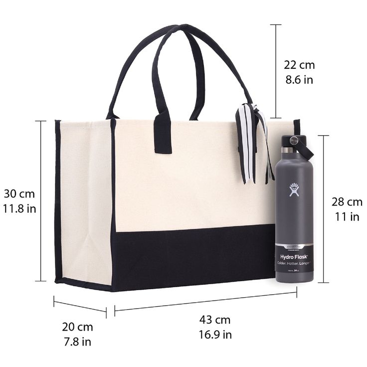 a large white and black bag next to a water bottle with measurements for the size