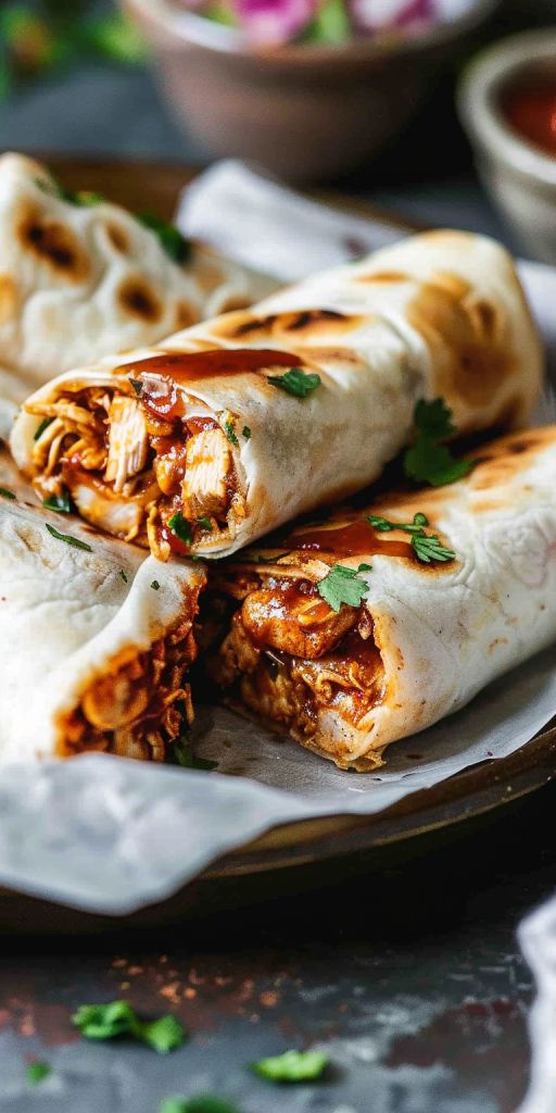 two burritos cut in half on a plate with sauce and cilantro