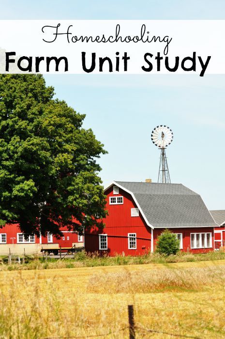 a red barn with a windmill on top and the words farm unit study out loud