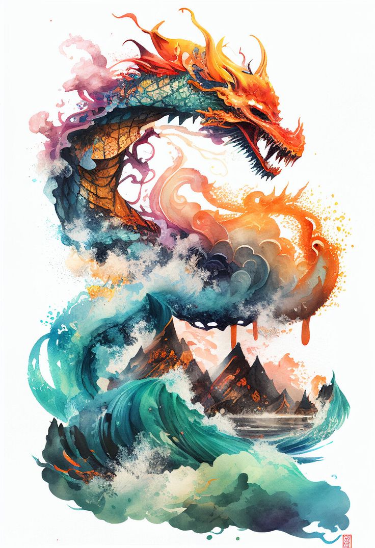 a painting of a dragon on top of waves