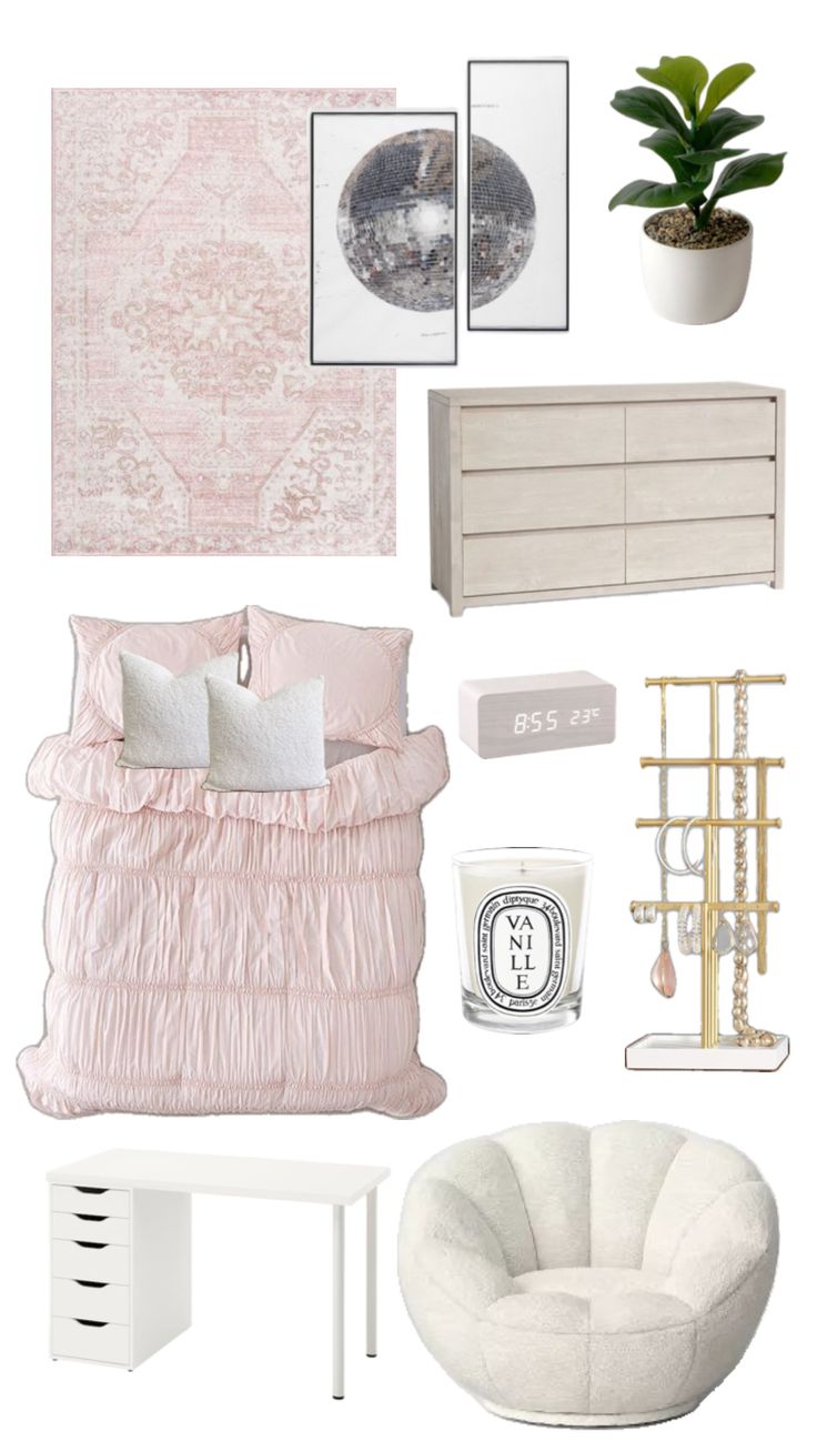 a bedroom with pink and white decor on the walls, bedding, rugs, dresser