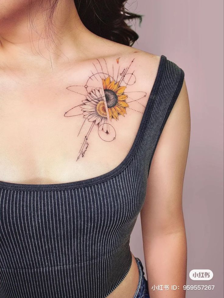 a woman with a sunflower tattoo on her chest