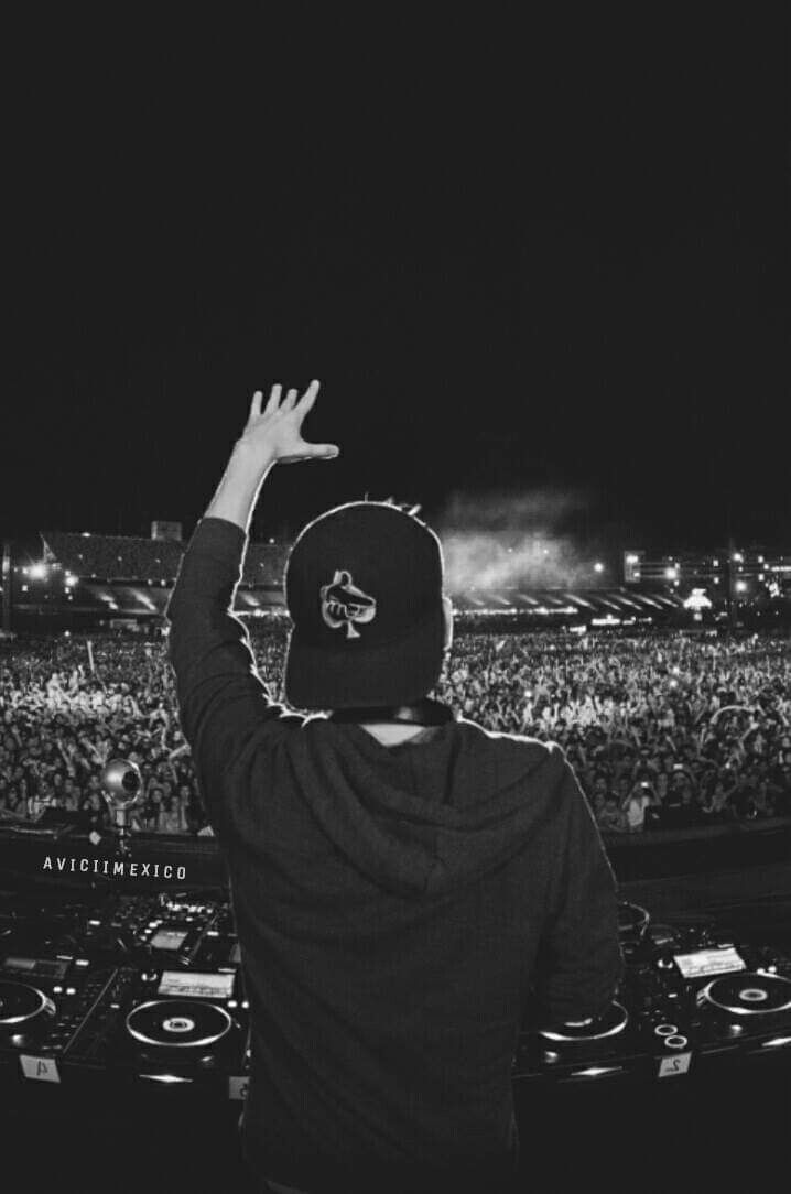 a dj in front of an audience at a concert with his hands up to the sky