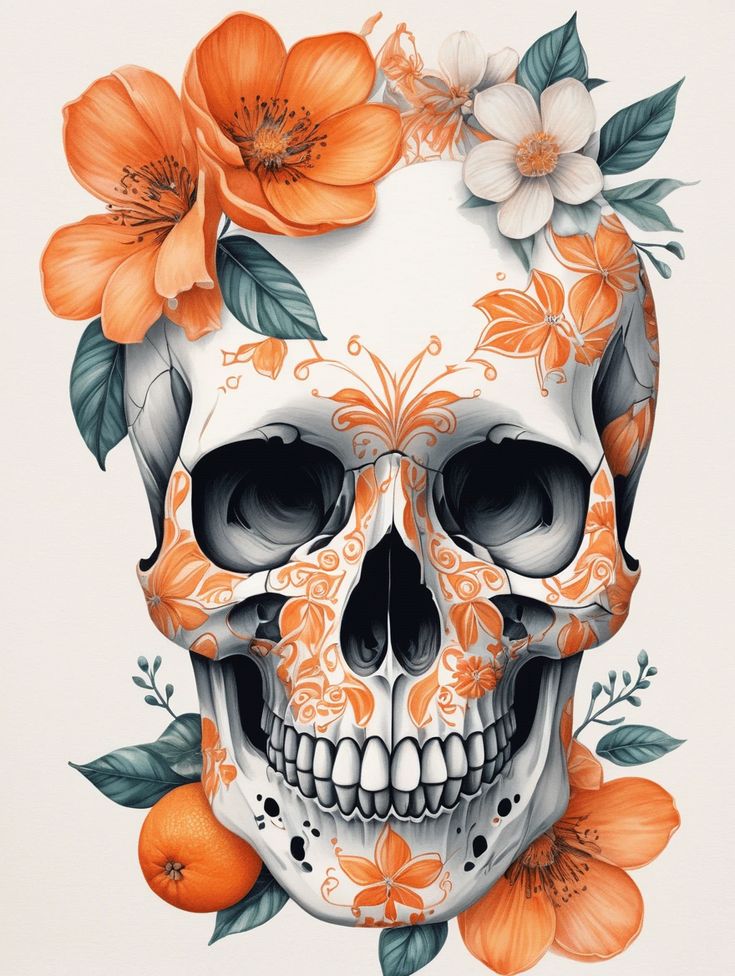 an orange and white skull with flowers on it