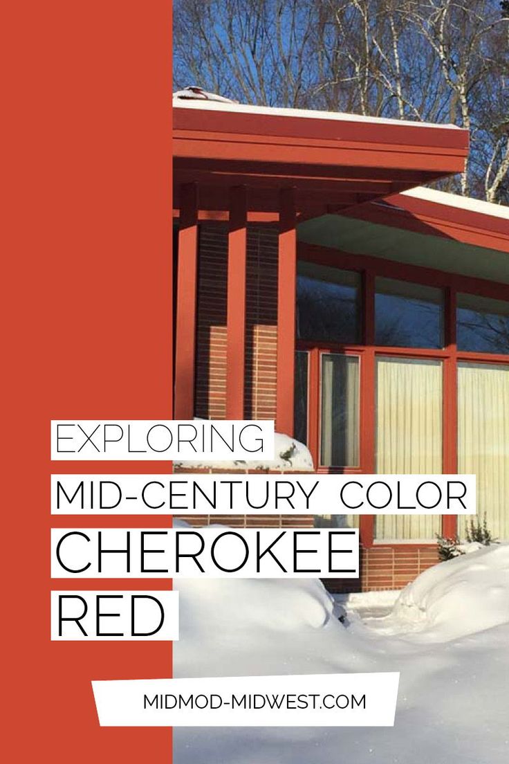 a red house with the words exploring mid - century color checkered red in front of it