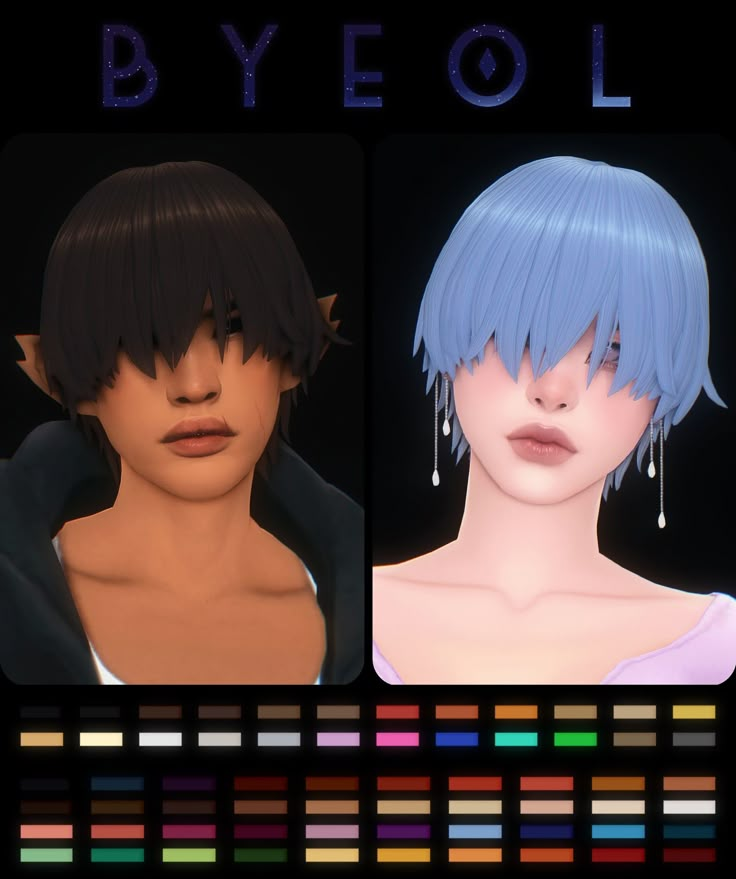 two different colored female avatars with short hair and bangs, one in black and the other in blue