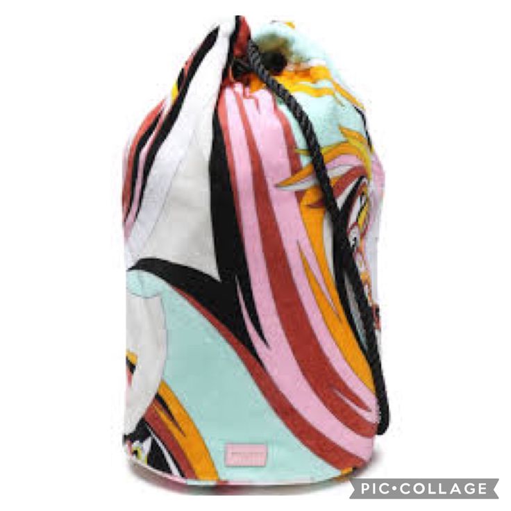 Emilio Pucci Bag Terry-Cloth Backpack With Black Rope Straps New Without Dust Bag Perfect Summer Beach Bag Designer Multicolor Travel Bags, Designer Multicolor Everyday Bag, Luxury Yellow Bucket Bag For Travel, Multicolor Travel Bags With Dust Bag, Luxury Multicolor Bags For Everyday Use, Luxury Multicolor Bags For On-the-go, Modern Multicolor Bucket Bag For Travel, Multicolor Bucket Bag With Dust Bag, Modern Multicolor Backpack