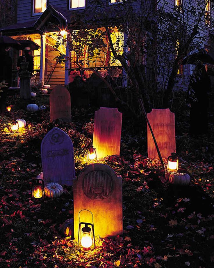 three pictures of halloween decorations in front of a house with candles lit up on them