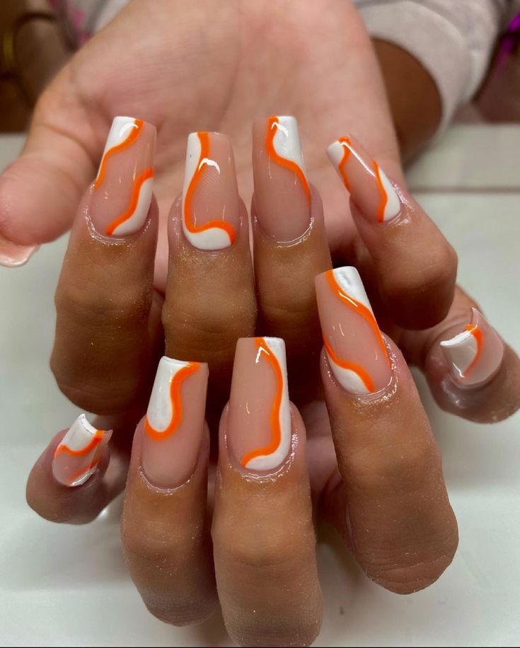 White And Orange Nail Designs, Holiday Nails Orange, Orange Abstract Nails, Orange Design Nails, Orange And White Nail Designs, Orange Nail Inspiration, Orange Square Nails, White And Orange Nails, Orange Trendy Nails