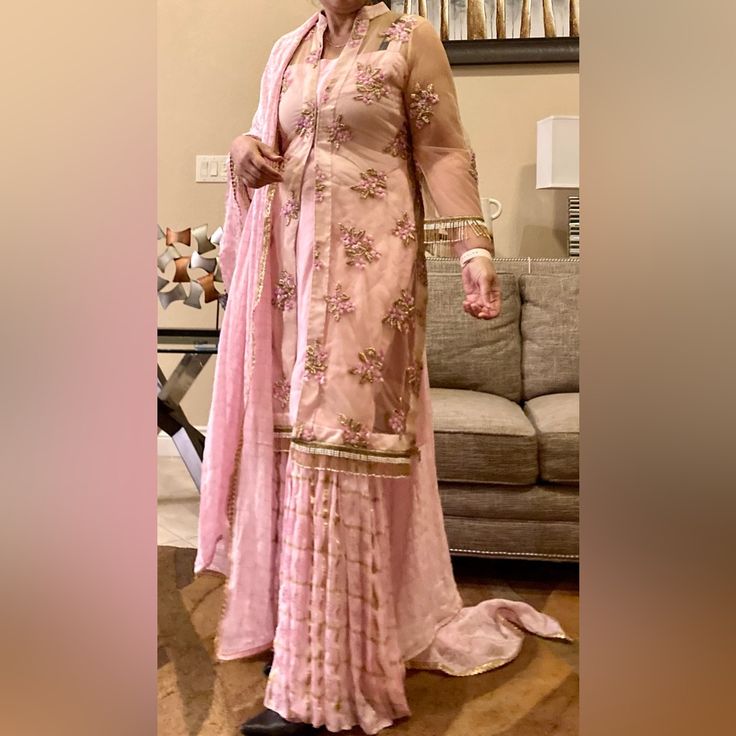 Beautiful 4 Pc Baby Pink Net Jacket With Pink Inner, Paired With Gharara Pants And Dupatta With Gold Lacing Net Jacket, Gharara Pants, Gold Lace, Indian Wear, Baby Pink, Pink Ladies, Size 12, Long Sleeve Dress, Womens Dresses