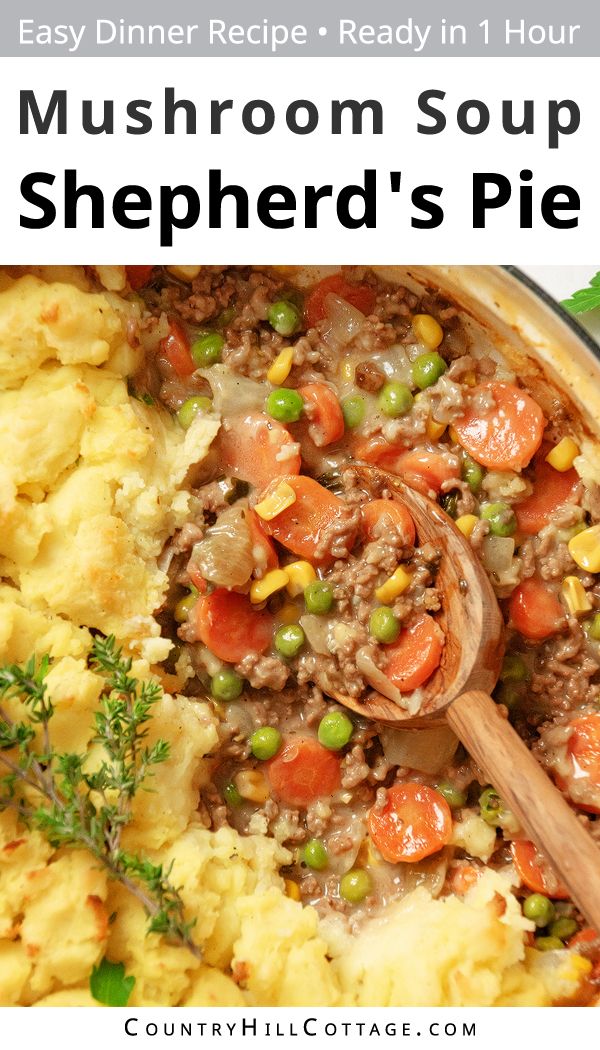 an overhead view of a shepherd's pie with text overlay