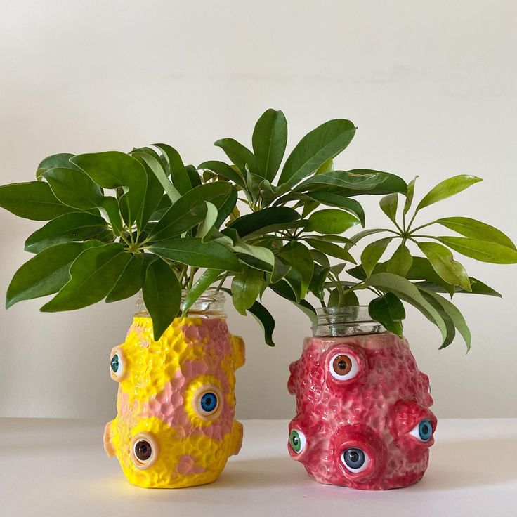 two vases with plants in them sitting on a table next to each other and one has eyes painted on it