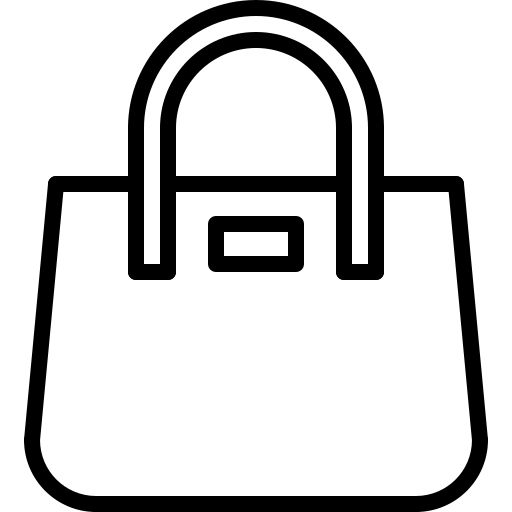 a black and white line drawing of a handbag on a white background with the handle down