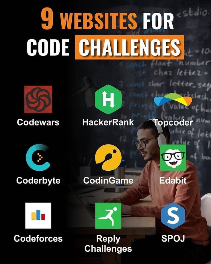 a man sitting at a desk in front of a blackboard with the words 9 web sites for code challenges