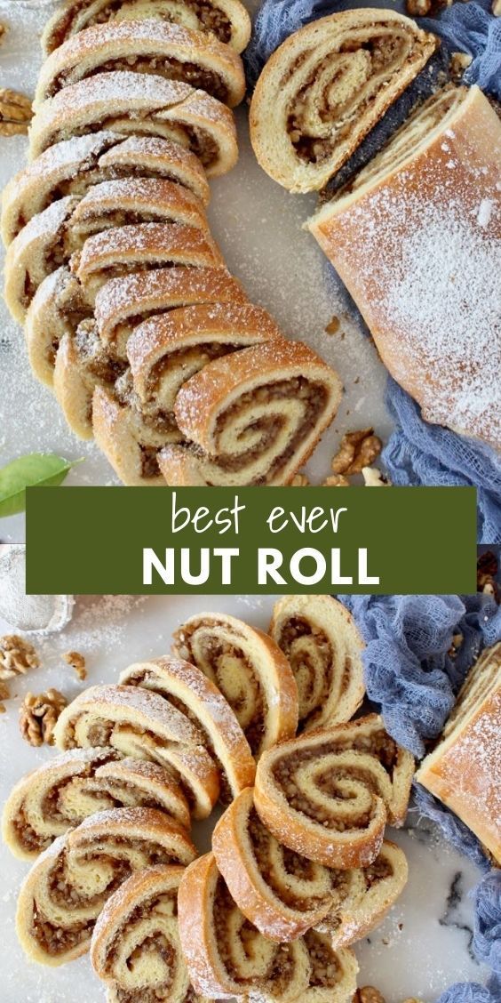 the best nut roll recipe is made with cinnamon rolls, walnuts and powdered sugar