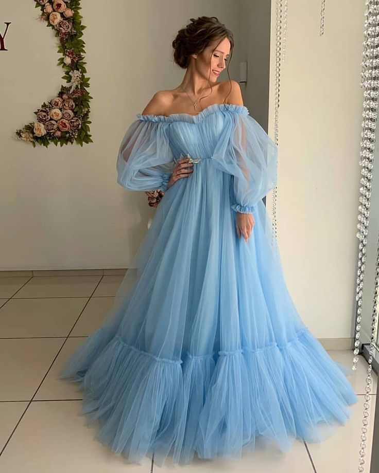 Blue Tulle Prom Dress, Tulle Prom Dress Long, Prom Dresses Elegant, 파티 드레스, Tulle Evening Dress, Long Sleeve Prom, Blue Wedding Dresses, Blue Tulle, فستان سهرة