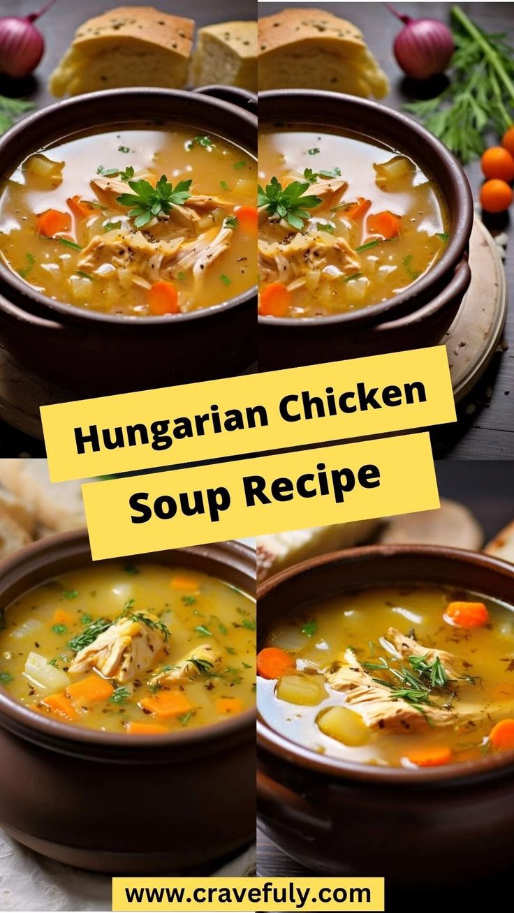 four different pictures of soup with chicken and carrots in the middle, including bread