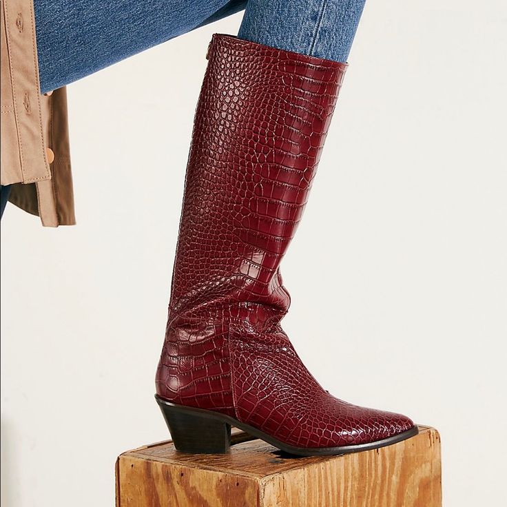 Statement-Making, Knee-High Boots Featured In A Sleek, Croc-Embossed Leather Design With A Pointed Toe And Block Heel. Worn Once Side Zipper Closure Cushioned Insole Slanted Heel Red Pointed Toe Heeled Boots For Work, Red Pointed Toe Boots For Work, Red Round Toe Workwear Boots, Red Round Toe Work Boots, Red Round Toe Boots For Work, Red Round Toe Office Boots, Red Round Toe Boots For Office, Burgundy Leather Sole Pointed Toe Boots, Burgundy Pointed Toe Boots With Leather Sole